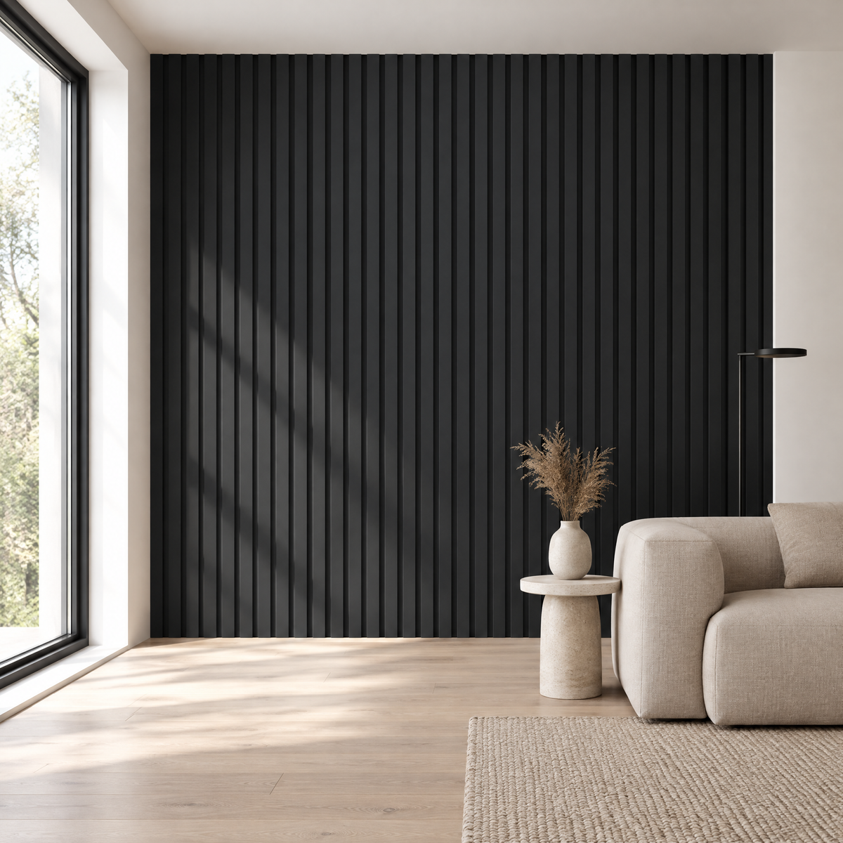 Fekete akusztikus fali panel modern minimalista nappaliban