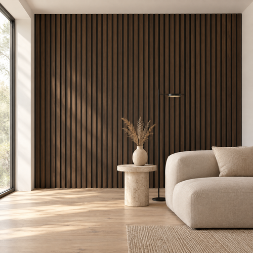 Barna akusztikus fali panel modern minimalista nappaliban