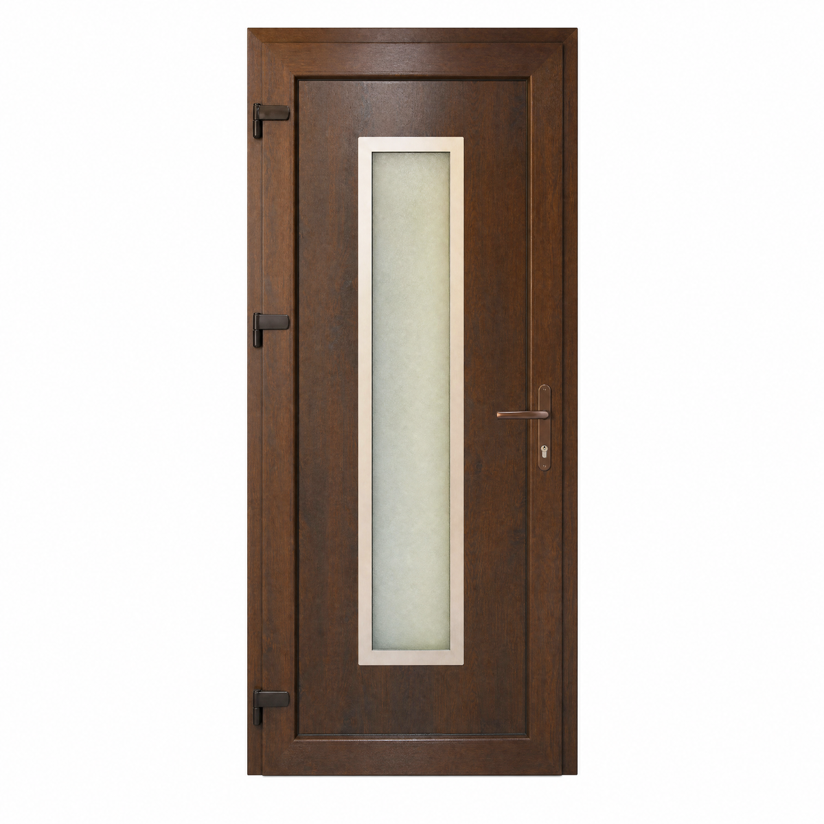 Műanyag bejárati ajtó - Dió-inox kivitel - 70mm-es profil, 24mm-es panel
