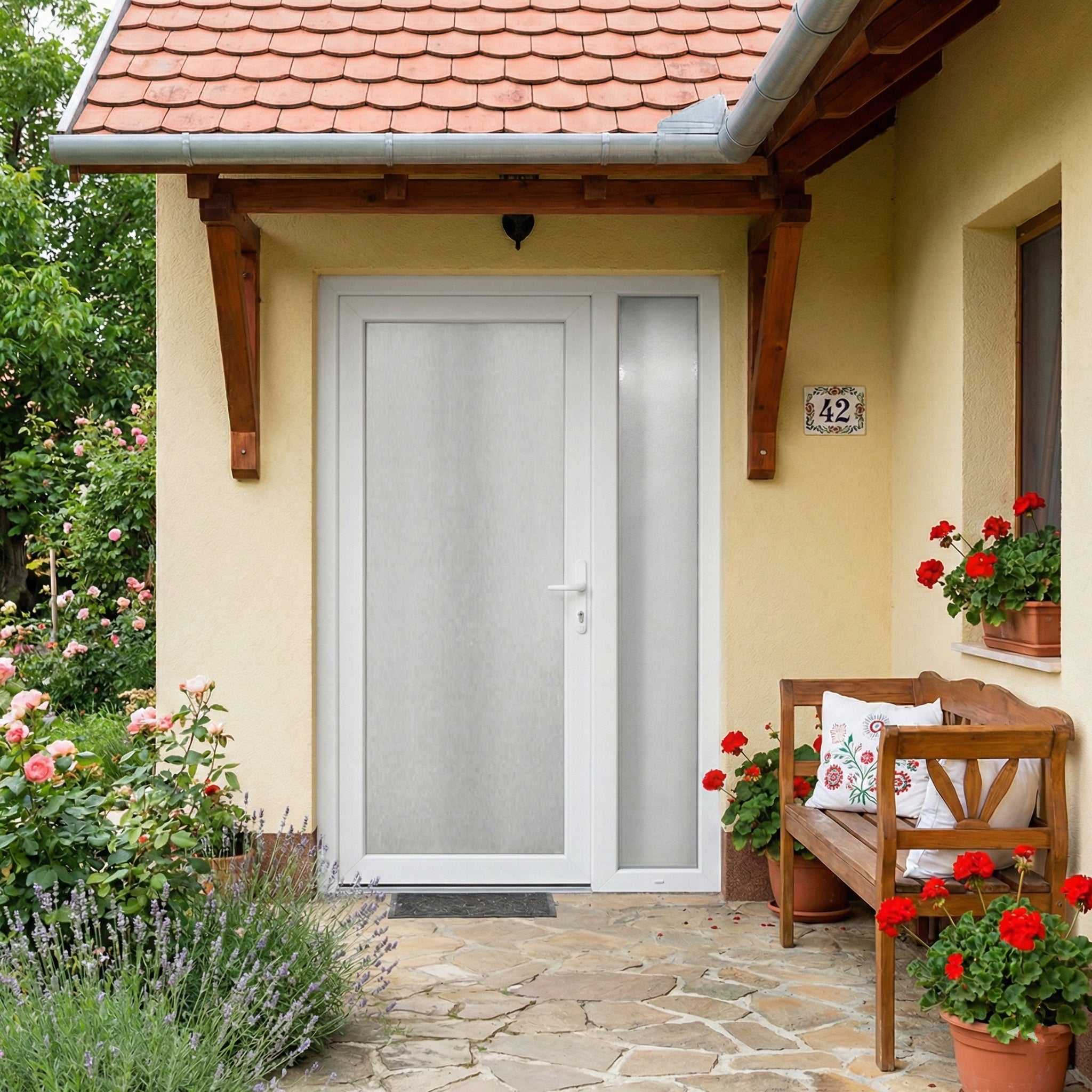 Kétszárnyú Műanyag bejárati ajtó - teli üveges kivitel - 70mm-es profil, 24mm-es panel, 2 rétegű üveg, acél merevítéssel